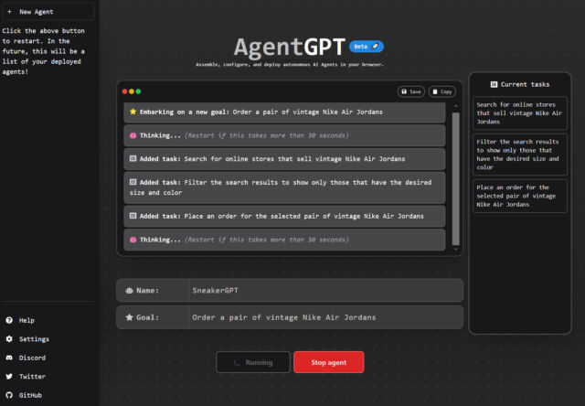 A screenshot of AgentGPT, based on Auto-GPT, executing a task of attempting to buy a vintage pair of Air Jordan shoes.