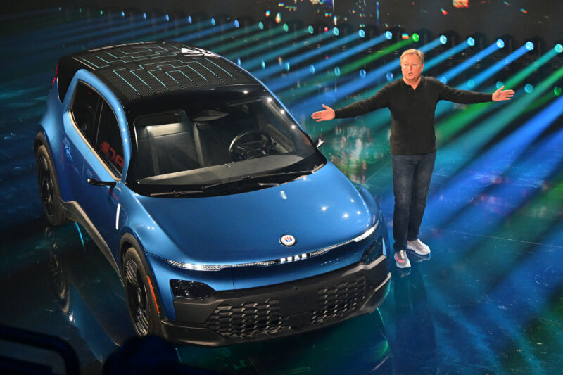 Fisker CEO Henrik Fisker introduces the all-electric compact hatchback Pear during its inaugural "Product Vision Day" in Huntington Beach, California, on August 3, 2023.