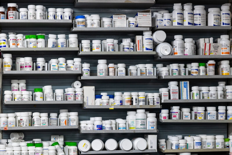 Prescription drugs are displayed at NYC Discount Pharmacy in Manhattan on July 23, 2024.