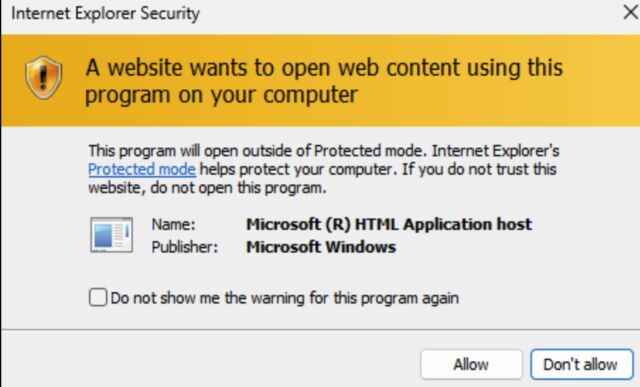 Screenshot of IE Security box asking if user wants to "open web content" using IE.