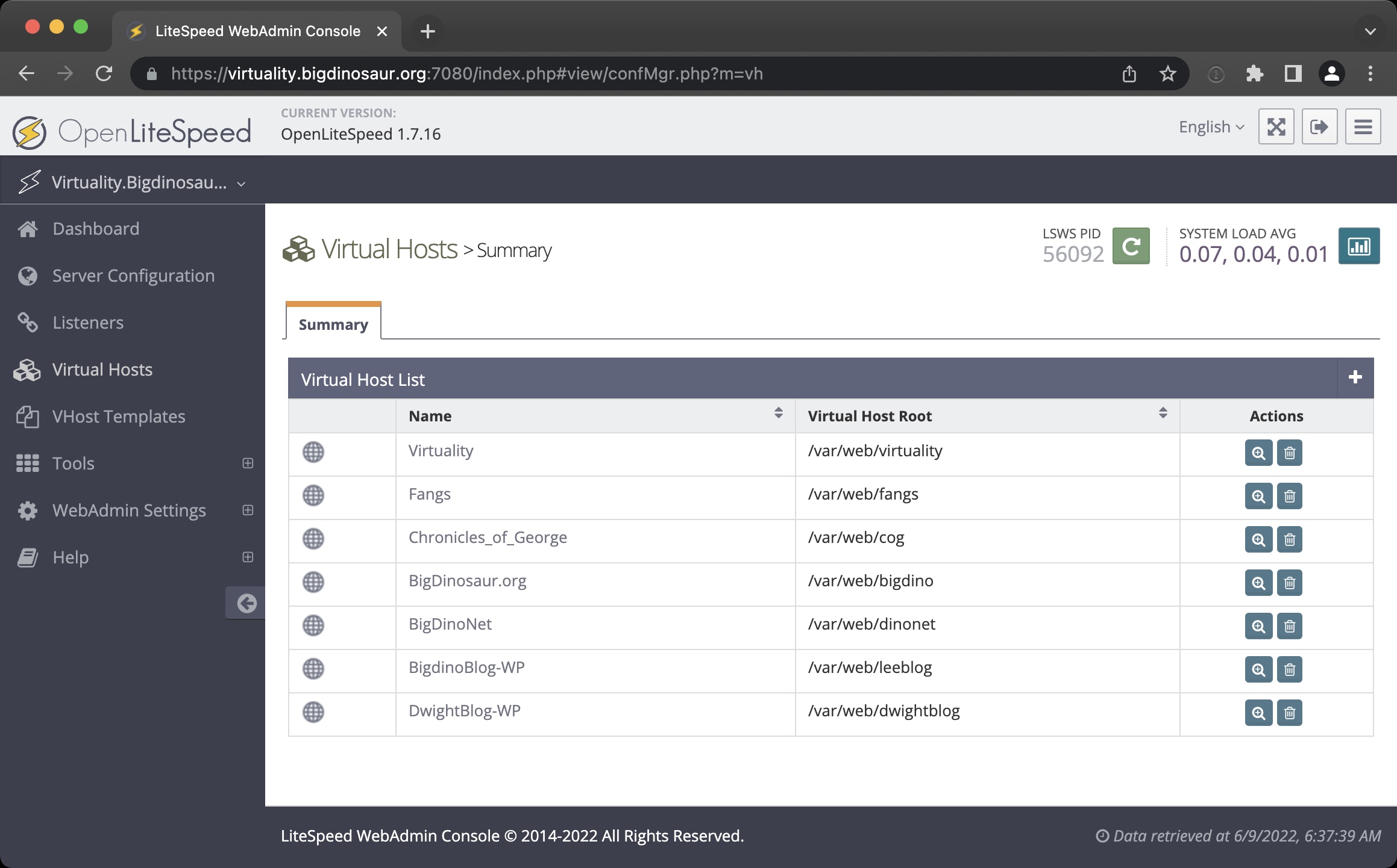 The OLS admin console, showing vhosts. This is from my personal web server rather than the Space City Weather server, but it looks the same. If you want some deeper details on the OLS config I was using, <a href=__check.html my blog</a>. Yeah, I still have a blog. I'm old.